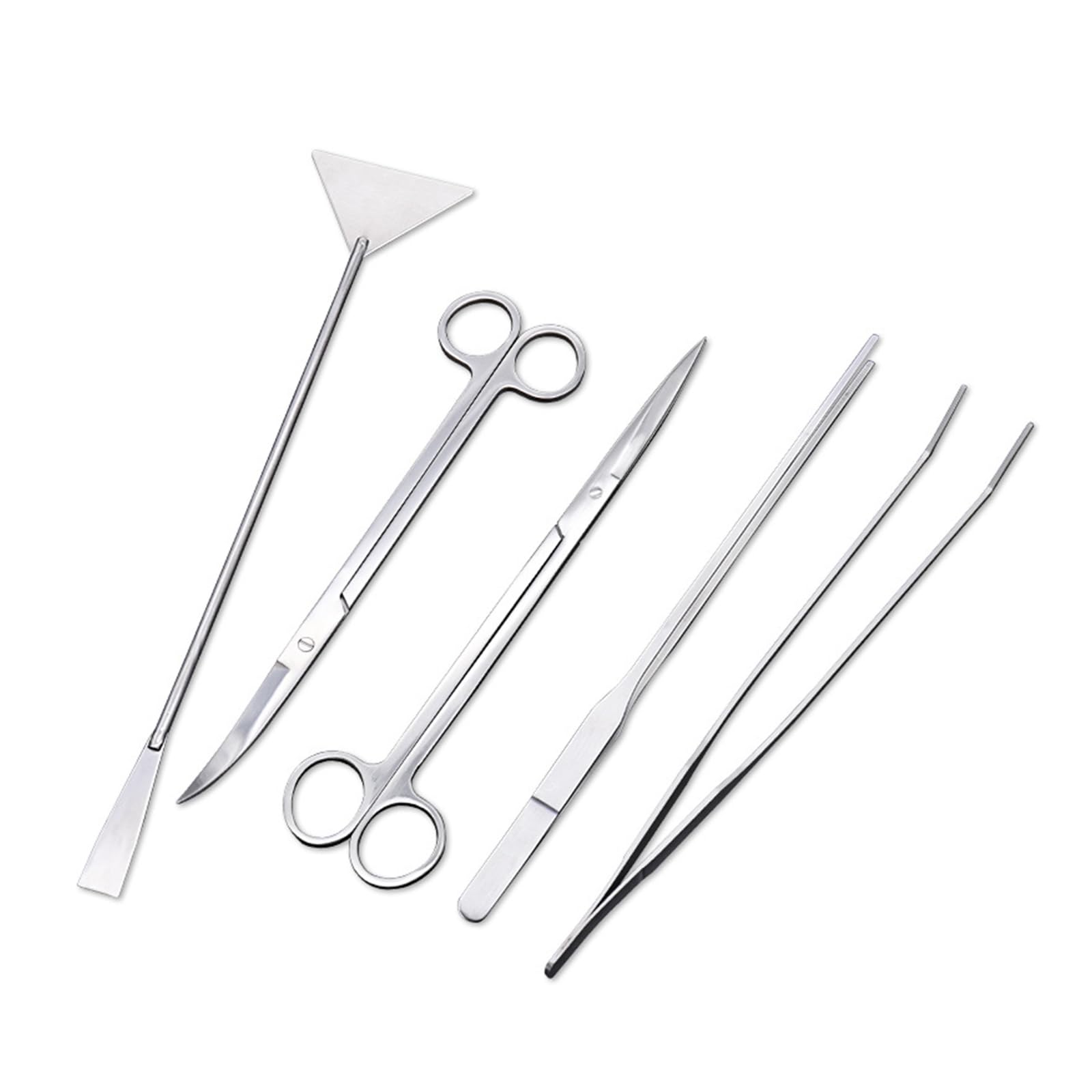 Lot de 5 outils d'aquarium en acier inoxydable - Pince à épiler - Ciseaux - Spatule - Pour aménagement paysager - Nettoyage