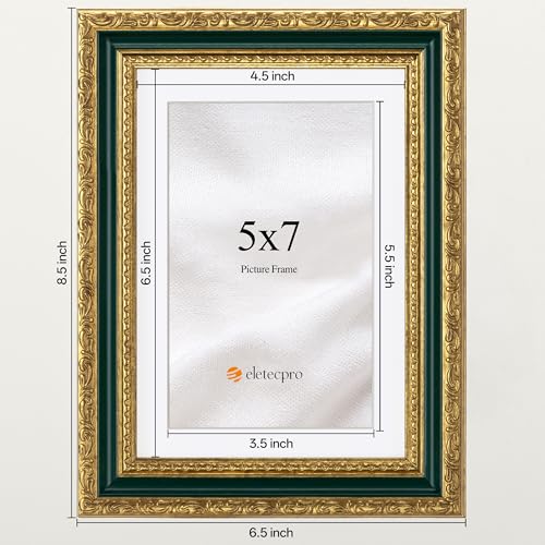 Image of eletecpro 5x7 Vintage Picture Frame, Glass Cover, Green Gold, 2-Pack | Display Photo 4x6 with Mat or 5x7 without, Horizontal or Vertical, Tabletop or Wall Decor