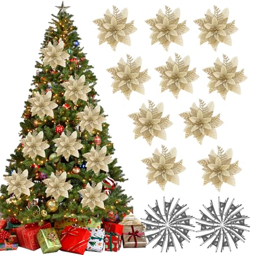 AYNKH 20Pcs Árbol de Navidad Flores Decoraciones con Clips, Navidad Purpurina Flor de Pascua, 14.5cm Oro Árbol de Navidad Decoración Flores para Navidad Corona Árbol Decoración