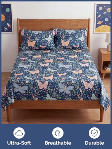 Image of Kids Queen Butterfly Meadow Bed Sheets - 4 Piece Butterfly Meadow Sheet Set | Butterfly Meadow Themed Bedding, Ultra-Soft, Cute & Cozy, Breathable & Machine Washable, Bed Set for Boys, Girls & Teens