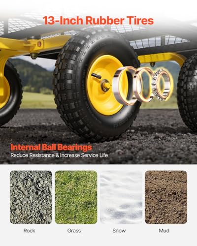 Image of VEVOR Steel Garden Cart, 1400 lbs Heavy Duty Pullable Garden Wagon Yard Cart, 2 in 1 Outdoor Metal Utility Wagon Yard Trailer with 13 inch All Terrain Tires, Mesh Detachable Sides and 180 Rotating Handle
