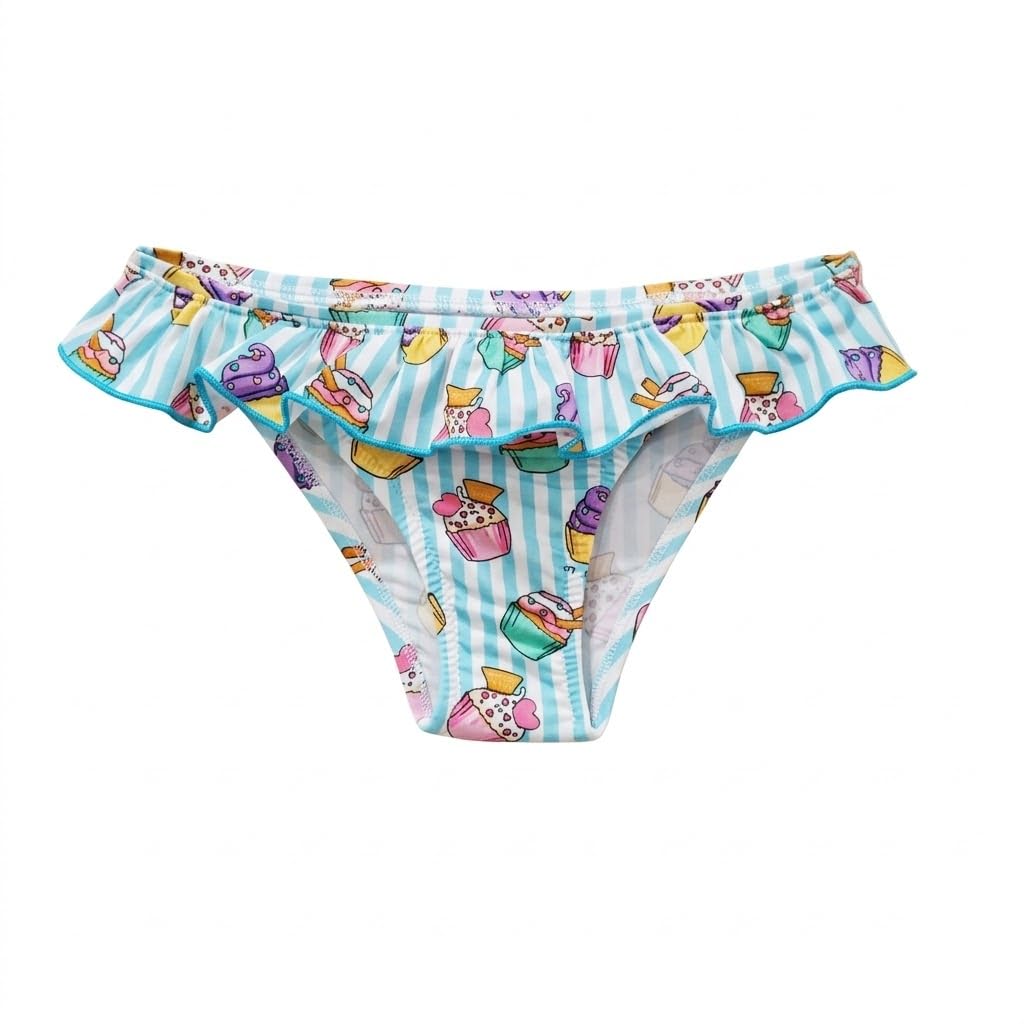 Saint Barth MC2 Costume Slip Mare Melly con Volant a Righe Biacnhe e Azzurre con Stampa Cupcake