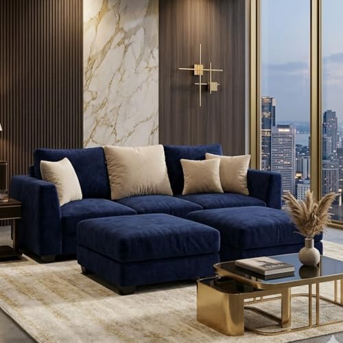 Image of SOCOZI Trevano 5 Seater L Shape Sofa Set with 2 Movable Ottomans | Flexible Layout| Soft Velvet Suede Fabric|Modern Sofa | Plush Comfort Cushions for Living Room (Cream-Dark Blue)