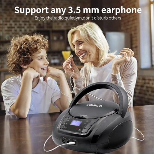 Image of LONPOO CD Player Portable Boombox with FM Radio /USB /Bluetooth /AUX Input and Earphone Jack Output, Stereo Sound Speaker & Audio Player,Black