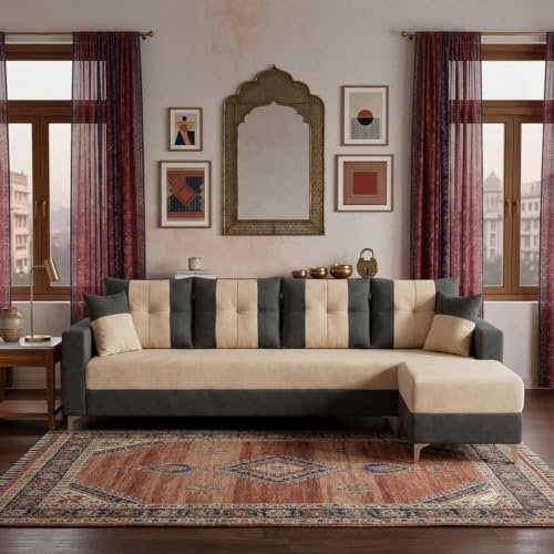 Image of Cavishq 5 Seater L Shape Sofa Set with Movable Ottoman | Flexible Layout | Luxury Velvet Suede Fabric | Modern Living Room Sofa | Dark Grey-Cream
