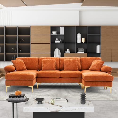 Best Color Couch for Small Living Room: Stylish Compact Sofa Ideas 3 OUYESSIR U-Shaped Sectional Sofa Couch, 4 Seat Sofa Set for Living Room, Convertible L-Shaped Velvet Couch Set with Chaise Lounge, Ottoman and Pillows,114 inches (Orange)