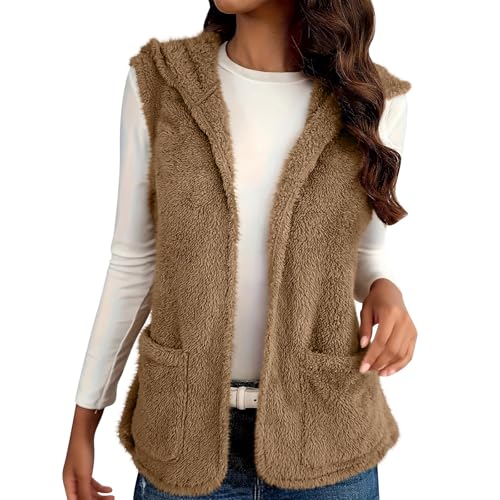 ABABC Fleece Vest Women Sleeveless Fuzzy Fleece Hooded Jackets Fall Casual Warm Cardigans Coats with Pockets