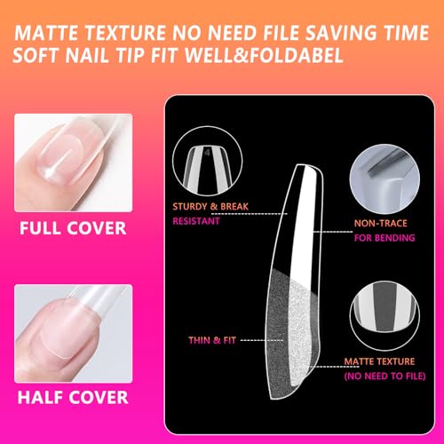 Medium Coffin Nail Tips - 504Pcs 12 Sizes, Medium Coffin Gel x Nail Tips Pre-building & Pre-etched Thicker Strength Acrylic Fake Nails Full Cover Extension Nail Manicure Salon Home DIY