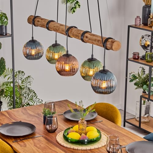 Lámpara colgante Koyoto de HOFSTEIN, 5 luces de metal/madera/cristal estriado en negro/natural/cobre/azul/verde, pantallas de cristal/barras de madera, máx. 150 cm, E27, comedor, salón, cocina