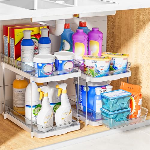 Image of Delamu 2-Tier Multi-Purpose Bathroom Under Sink Organizers and Storage, Stackable Kitchen Pantry Organization, Pull Out Medicine Cabinet Organizer with Movable Dividers, White, 4Pack
