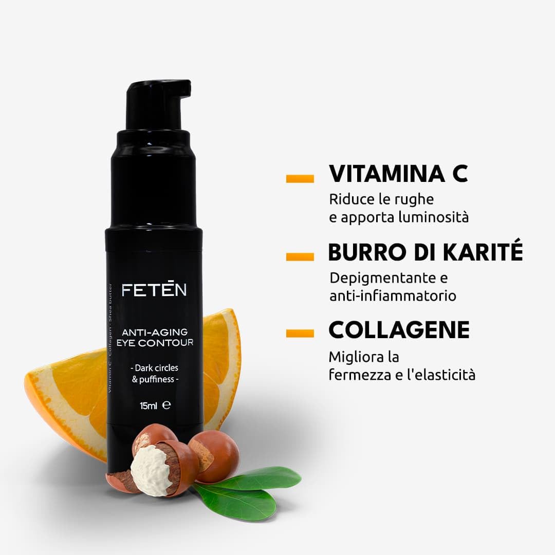 FETEN Contorno Occhi Uomo - Crema Antiocchiaie per occhiaie scure e borse effetto immediato, Siero Antirughe con Vitamina C per palpebre cadenti, Trattamento Schiarente 15ml (Confezione da 2)
