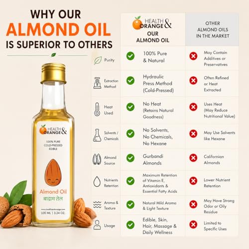 Image of H&O Sweet Almond Oil - 100% Pure Cold Pressed Edible Badam Tel - 300ml Glass Bottle - For Healthy Skin, Hair and Body