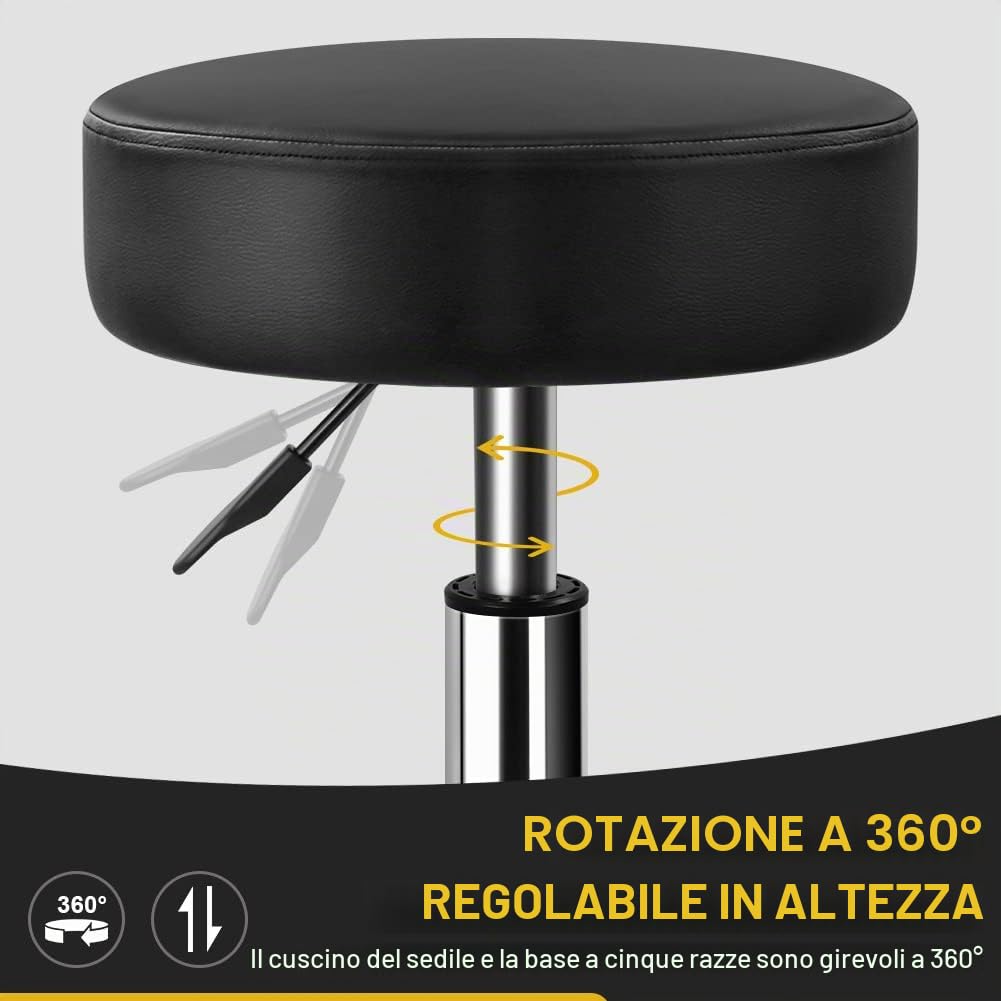 WKWKER Sgabello di bellezza resistente su ruote, girevole, regolabile, in pelle spessa, sedia per cucina, disegno, laboratorio, ufficio, massaggio, nero