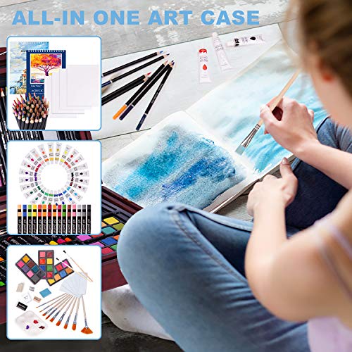 126 Piece Deluxe Art Creativity Set with 2 Drawing Pad, Art Supplies in Portable Wooden Case- Crayons, Oil Pastels, Colored Pencils, Acrylic Paints, Watercolor Cakes, Brushes - Deluxe Drawing Kit - Thumbnail 4
