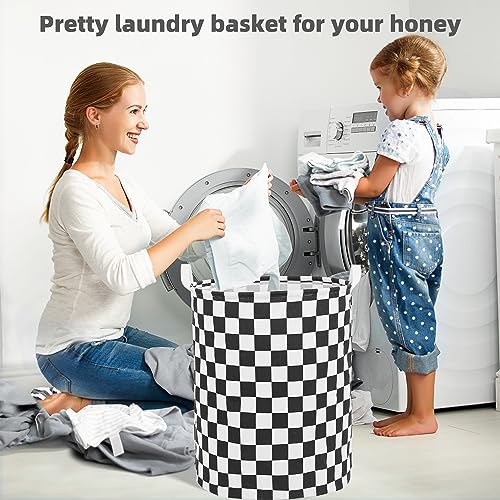 Image of Large Foldable Laundry Basket Organizer Holder portable tall collapsible laundry hamper nusery Storage Basket Bin with Handles (Waterproof Lining, Black Racing Flag)