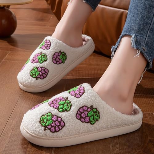 JadeRich Women's Cute Fruits Pattern Curly Fleece Slippers Warm Comfy Plush Memory Foam Anti Slip House Shoes2