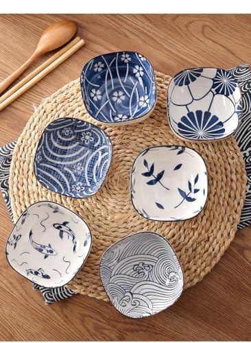 ボヘミア和風小鉢 セット 染錦絵変り 直径9.2cm 小付 6柄 食器セット プレゼント 誕生日 はさみやき 食器 おしゃれ 電子レンジ 食洗機対応 和食器 (6, 和風-A)