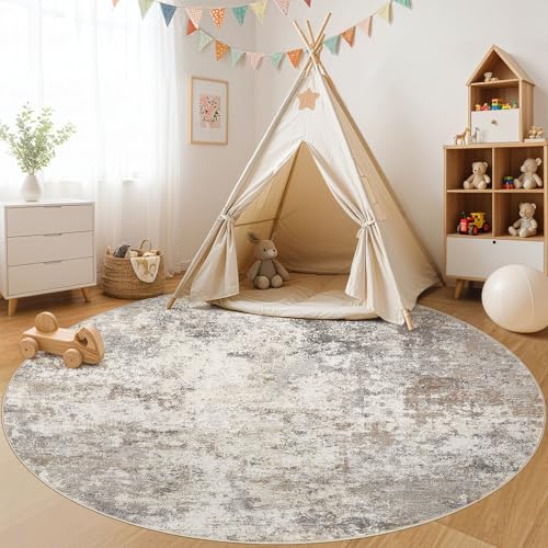 8ft Round Area Rug Living Room Rugs - 8x8 Washable Neutral Modern Abstract Soft Thin Rug Indoor Floor No Slip Rug Carpet for Bedroom Under Dining Table Home Office Decor - Brown Grey