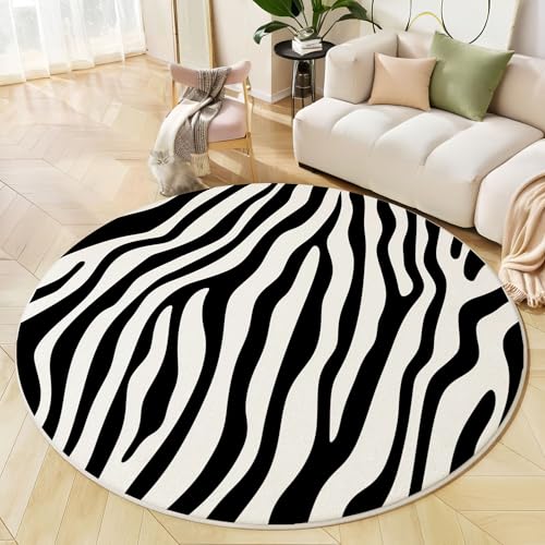 MIATCENRT Alfombras Redondas, 120cm Franela Suave Alfombra Círculo Estampado De Cebra, Salón Dormitorio Antideslizante Lavable Estampados Animal Tapete de área, Blanco y Negro