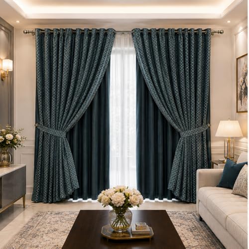 Image of Double Curtains 2 in 1 Embroidery Transparent Curtain with 80% Blackout Curtain Best for Every Interior Living Room Grommet Curtains(D Gray, 9 L4 W feet (Set 2)