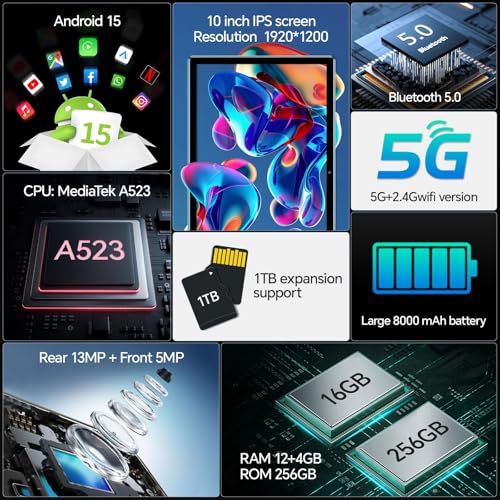 Image of 10 inchAndroid 15 Tablet WiFi Model, 12GB+256GB+1TB Expandable, 8 Core CPU A523, 8000mA Large Battery,13MP+5MP Camera, Includ /Keyboard /Mouse /Stylus /Case /Protective Film (M8-Gray)