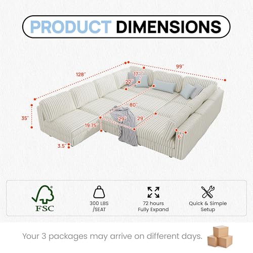 Image of 99 inch Cotton Linen Modular Sectional Sofa Bed with Hidden Storage, 10 Seat Convertible L U Shaped Sleeper Couch with Ottoman Chaise, Farmhouse Modular Sectional Couch with Removable Cover for LivingRoom