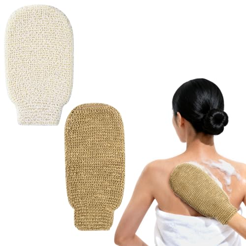 LOPHE Guantes Exfoliantes de Yute, 2pcs Manopla Exfoliante para Hombres y Mujeres, Guantes de Ducha con Fibras Vegetales de Yute, Exfoliating Glove para Spa,Masaje y Eliminar La Piel Muerta(2 Colores)