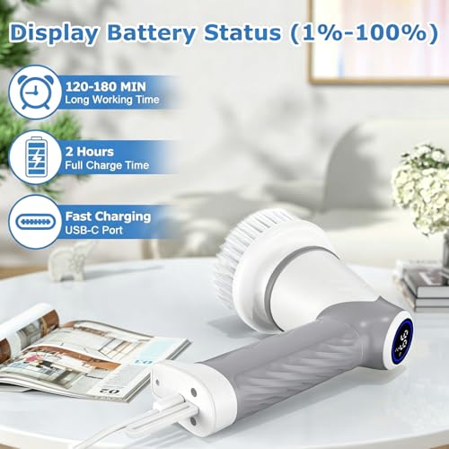 Image of DAESUNG Electric Spin Scrubber, Cordless Power Scrubber & Electric Cleaning Brush with 7 Replaceable Heads, Dual Speed IPX7 Waterproof Handheld Scrubber for Bathroom, Shower & Tile Cleaning