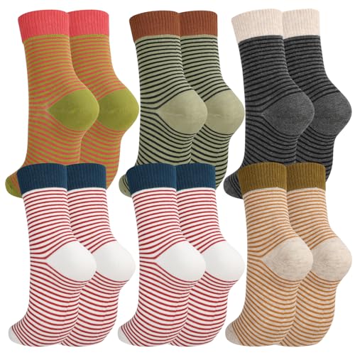 Image of Jspupifip 6 Pairs Womens Strip Crew Socks Cute College Style Ribbed Socks | Combed Cotton, Elastic Ribbed, Retro Stripe, for Work, Commuting, Shopping, Dating, Birthday, Sports, Home, Office
