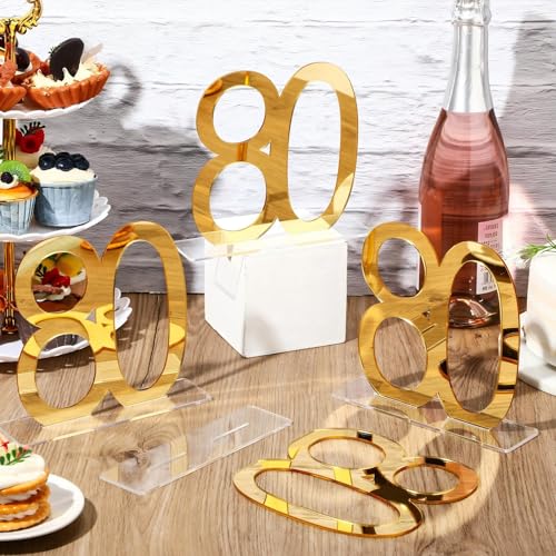 Image of Threehoney 12 Pcs Mirror Gold 80th Birthday Decorations for Men and Women Acrylic Anniversary Decorations Table Numbers Centerpieces for Birthday Party