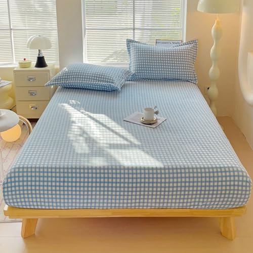 ZIQINPSQ Twin Velvet Fitted Sheet Blue Plaid 15 Inch Deep Pocket