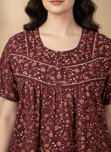 Image of Bahumaan Cotton Nighty for Women Full Length Stylish | Floral Print Cotton Maxi Dress for Women with Pocket | Sleepwear Gown for Women