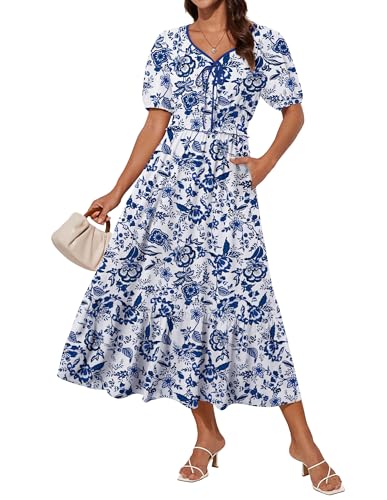 Damen Elegant Sommerkleid Midi Kurzarm V-Ausschnitt Blumenkleid A Linien Hochzeitsgast Kleid Blau-weißes Porzellanmuster XXL