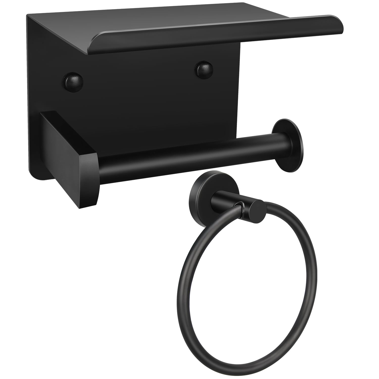 1pcs Toilet Paper Holder with Shelf and 1pcs Towel Ring Set, Matte Black Stainless Steel Bathroom Hardware Set