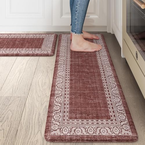 LEEVAN Red Memory Foam Kitchen Mat Set
