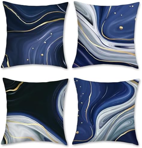Bonhause Blue Marble Cushion Covers 45 x 45 cm Abstract Marble Blue and Gold Modern Decorative Throw Pillow Covers Soft Velvet Blue Pillowcases for Sofa Patio Home Decor Set of 4