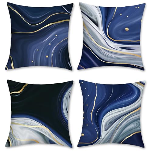 Bonhause Blue Marble Throw Pillow Covers 18 x 18 Inch Modern Abstract Galaxy Decorative Pillow Cases Soft Velvet Outdoor Cushion Covers for Couch Sofa Home Decor Set of 4