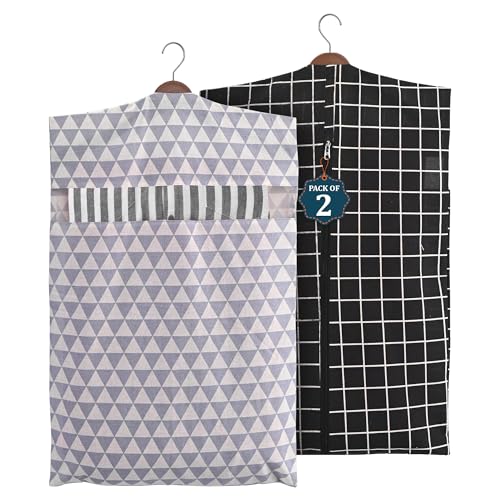 Image of Kuber Industries 2 Pcs Almirah Clothes Packing Bags | Hanging Clothes Cover for T-Shirts, Pants, Shirts, Salwar Suit | Dress Organizer for WardrobeTravel with Zip | Printed - Black & Grey