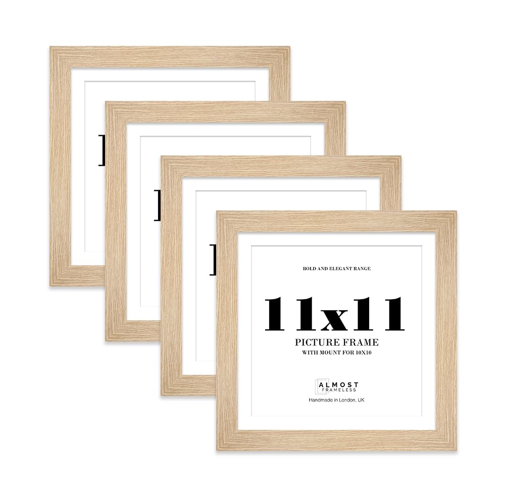 11x11" Oak Square Frame With Mount for 10x10" Pictures 28mm Edge Frame Display with Wall Hooks and Kickstand, 4 Pack