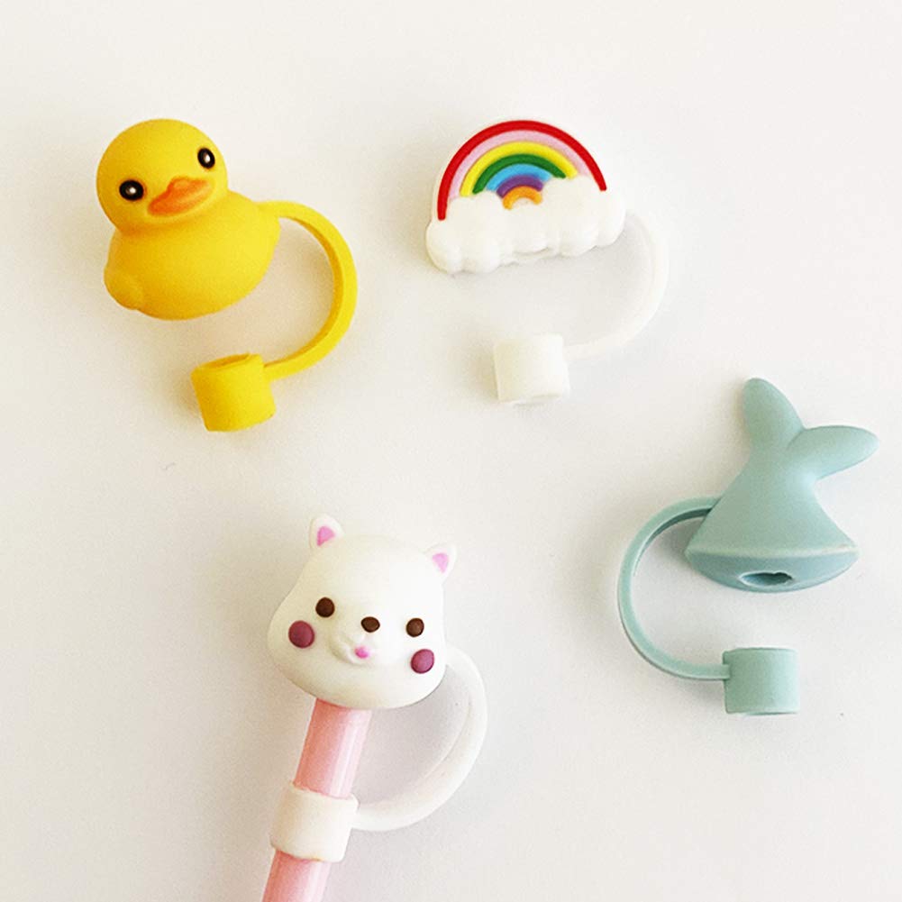 Lemonadeus Silicone 4PCS Straw Tips Cover Reusable Drinking Straw Tips Lids/Plugs Anti-dust, Airtight Seal Splash Proof - for 6-8mm Straws (Duck/Alpaca/Fish Tail/Rainbow)