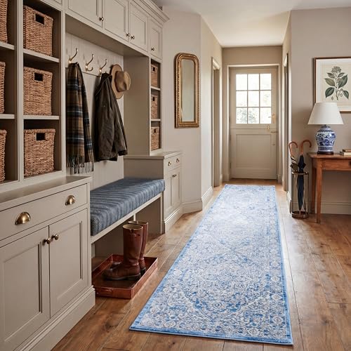SAFAVIEH Brentwood Collection Runner Rug - 2'6" x 20', Ivory & Navy, Non-Shedding & Easy to Clean, Ideal for Bedroom, Foyer, Hallway, Entryway (BNT832A)