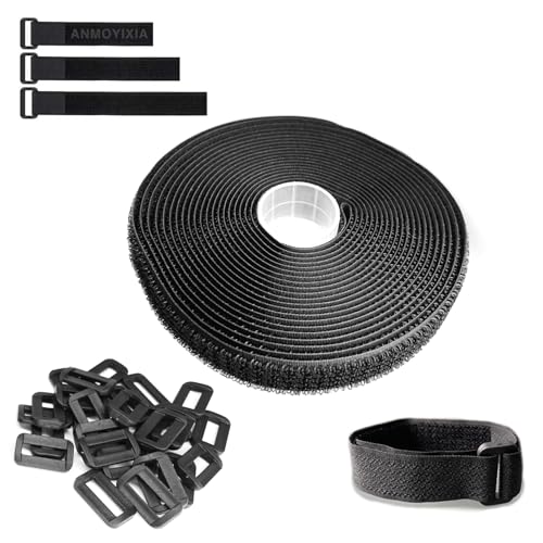 Klettband 5m x 2cm Klettband mit 25 Schnalle Klettverschluss Verstellbar Kabelbinder, Zuschneidbar und Wiederverwendbar für Kabel Seile Schläuche Extra Stark Klettkabelbinder (Schwarz, 5m x 2cm)