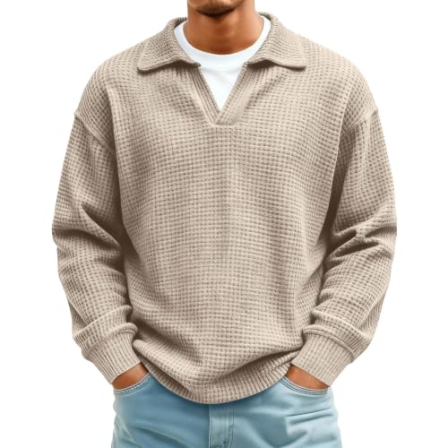 ZJADear Men's Polo Shirts Golf Polo Shirts Jumper - Long Sleeve, V Neck, Casual Lightweight Casual Half Button Shirt, Waffle Jumpers, Oversized