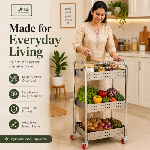 Image of TUNIS 3 Tier 202 Premium Stainless Steel Kitchen Storage Trolley with 360 Rotating Wheels | Multipurpose Vegetable & Fruit Rack Organizer | Movable Storage Cart for Kitchen, Pantry & Home