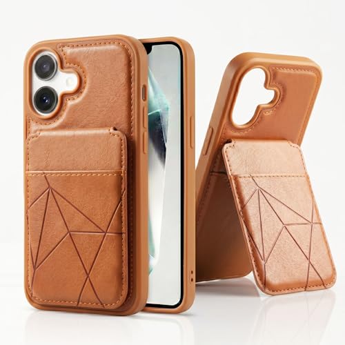 Image of amazon basics Premium Vegan Leather Back Cover with Card Holder and Integrated Mobile Stand for iPhone 17 - Slim Shockproof Wallet Case with Geometric Stitching [Tan]