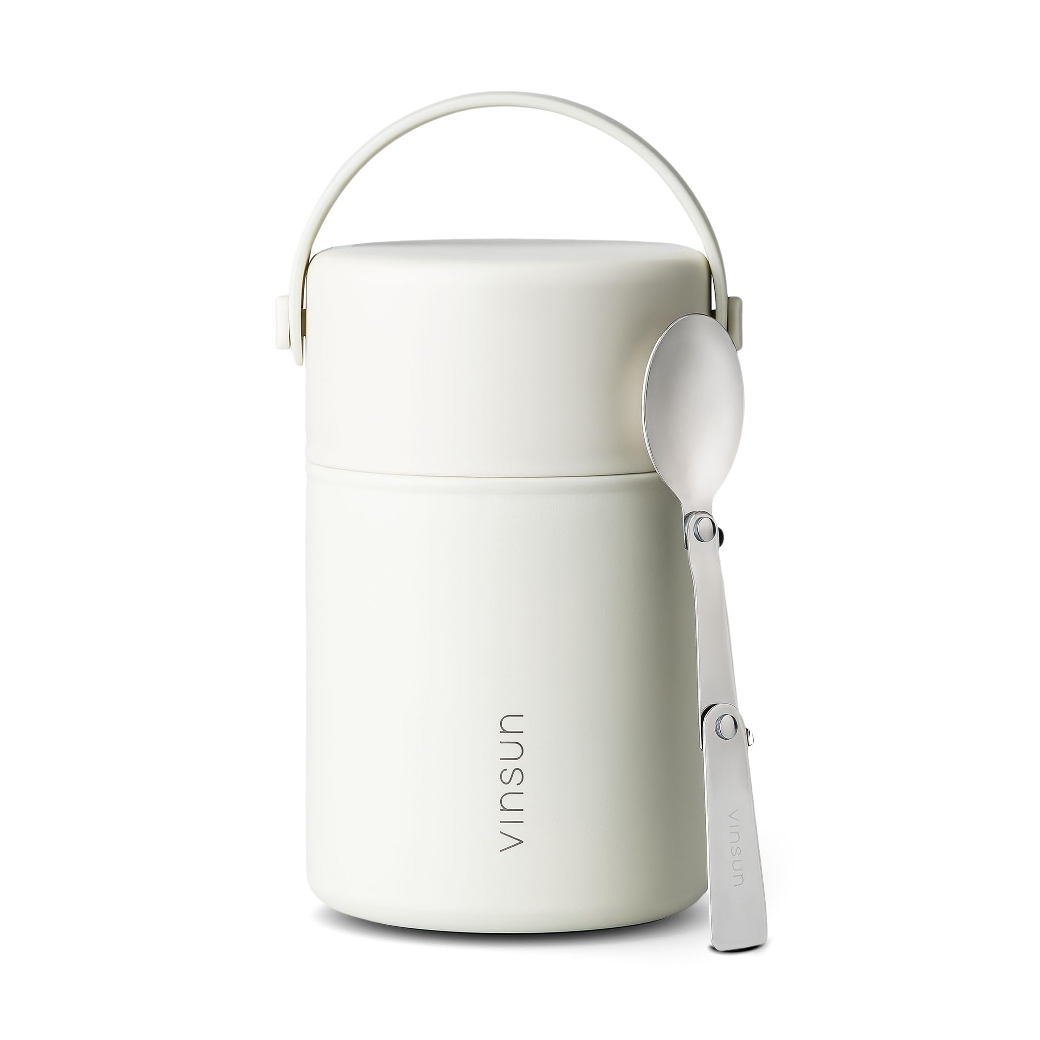 Vinsun Cream White Thermal Food Flask 800Ml With Folding Spoon - Stainless Steel Food Container, Leakproof Soup Flask, Wide Mouth Insulated Food Jar For Hot Or Cold Food