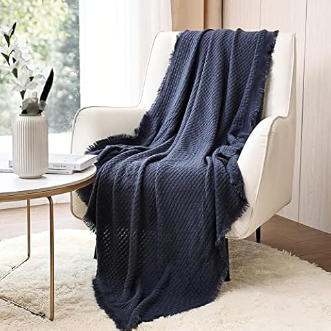 CREVENT Farmhouse Waffle Knit Throw Blanket for Couch Sofa Chair Bed Home Decoration, Soft Warm Cozy Light Weight for Spring Summer Fall (50''X60'' Navy Blue) Cover