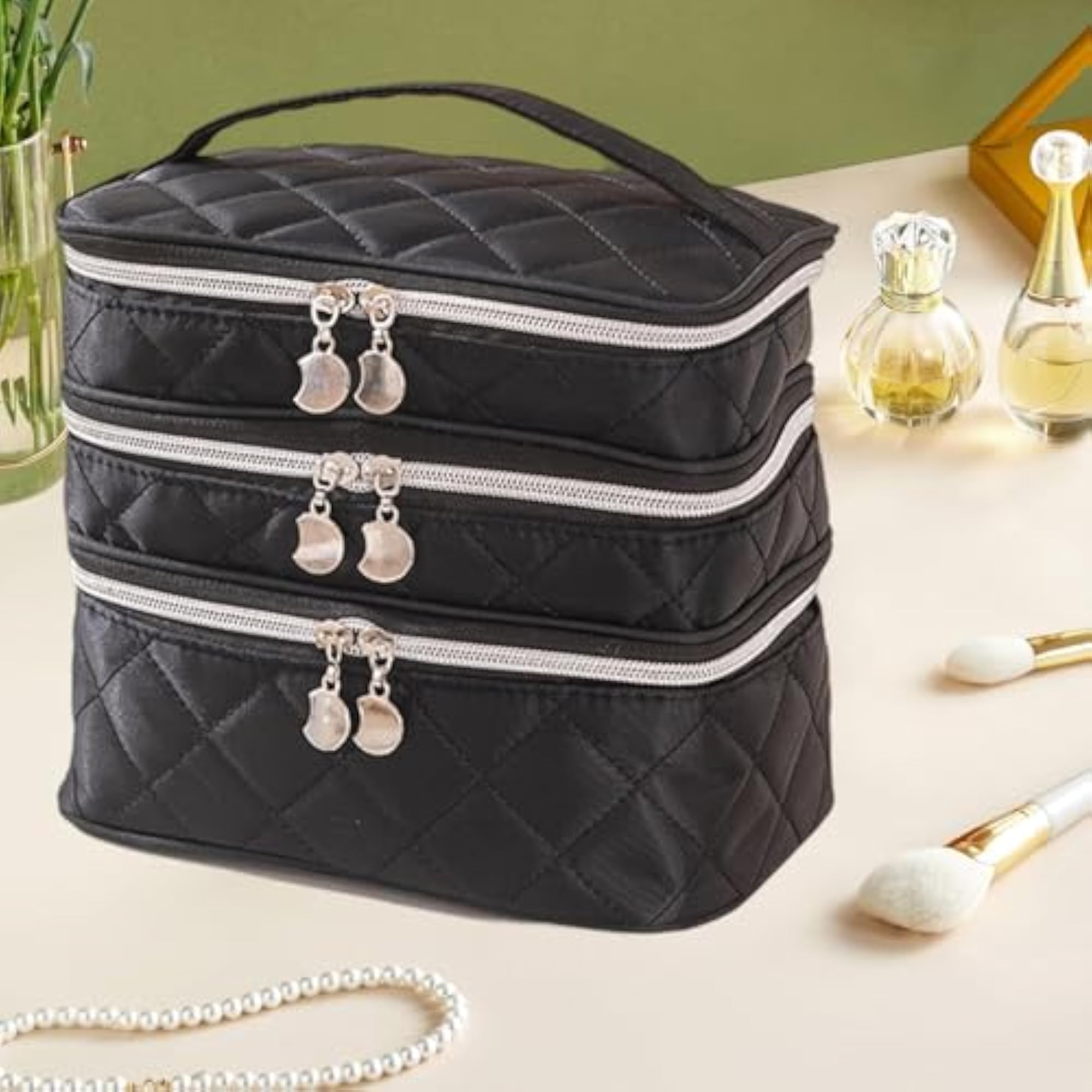 3 Floors Cosmetic Storage Bag for Brushes, Silver Zipper