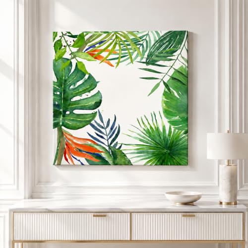 Image of PAINTINGMANTRA Tropical Green Leaves Stretched Canvas Wall Art Painting for wall decoration | Botanical Leaf Nature Inspired Painting for Living Room, Bedroom and Office, 22x22 Inch
