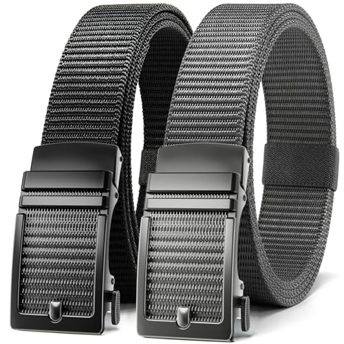 Image of CHAOREN Ratchet Belts for Men 2 Pack - Casual Web Nylon Mens Belt 1 3 /8 inch - Automatic Adjustable Buckle Fit Jeans